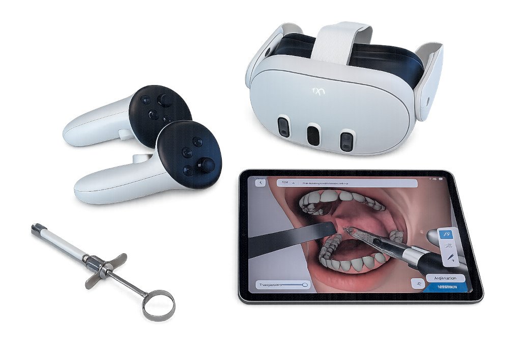 The Anestha training setup — a VR headset with controllers, a dental local anaesthesia syringe, and a tablet running the Anestha simulation with a 3D view inside the mouth.